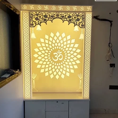 Om Design Mandir With Diya & Ghanti with Backlit Pillar